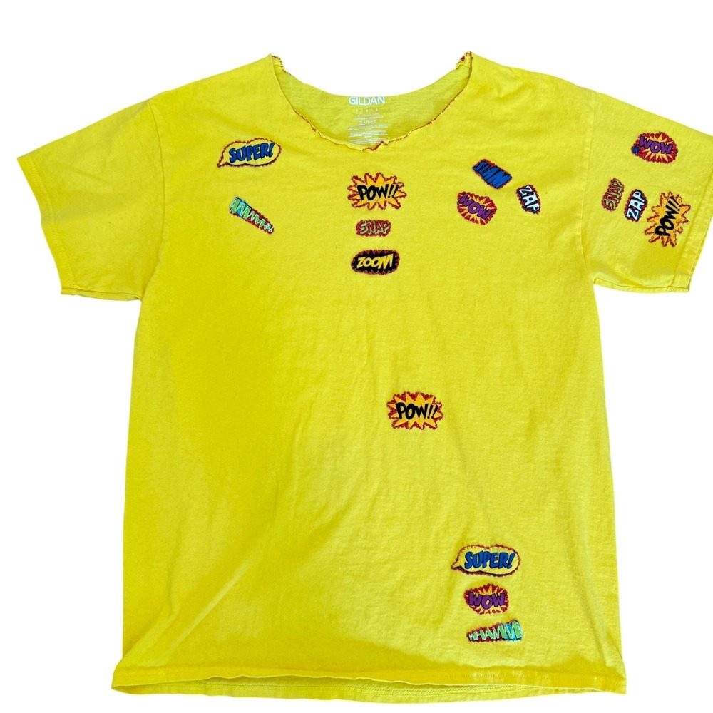 Yellow Comic Book Graphic Tee Custom Handmade Raw Neck Superhero T-Shirt Size L